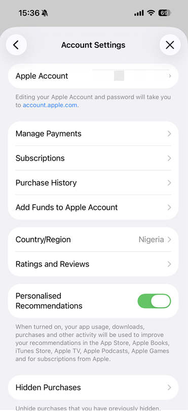 iOS Account Settings · Nigeria 区生效